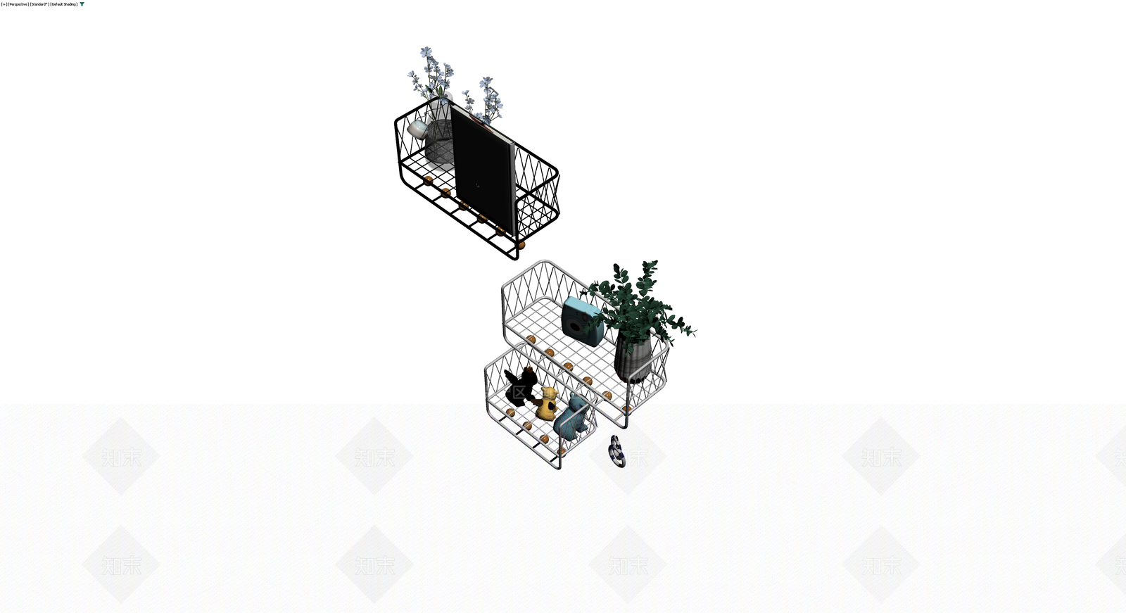 金属置物架与摆件组合3D模型下载【ID:1230596548】