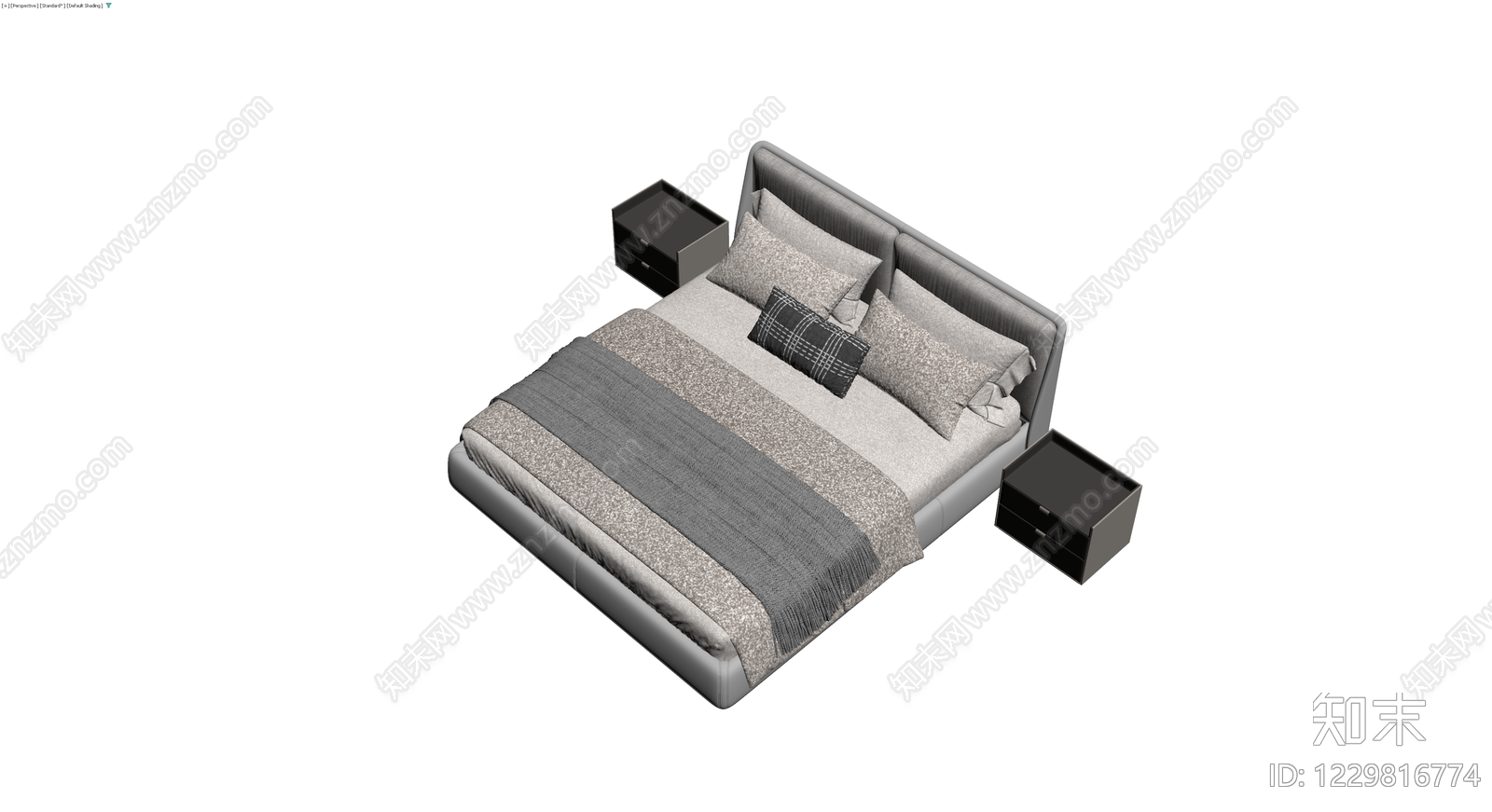灰色布艺双人床及床头柜组合3D模型下载【ID:1229816774】