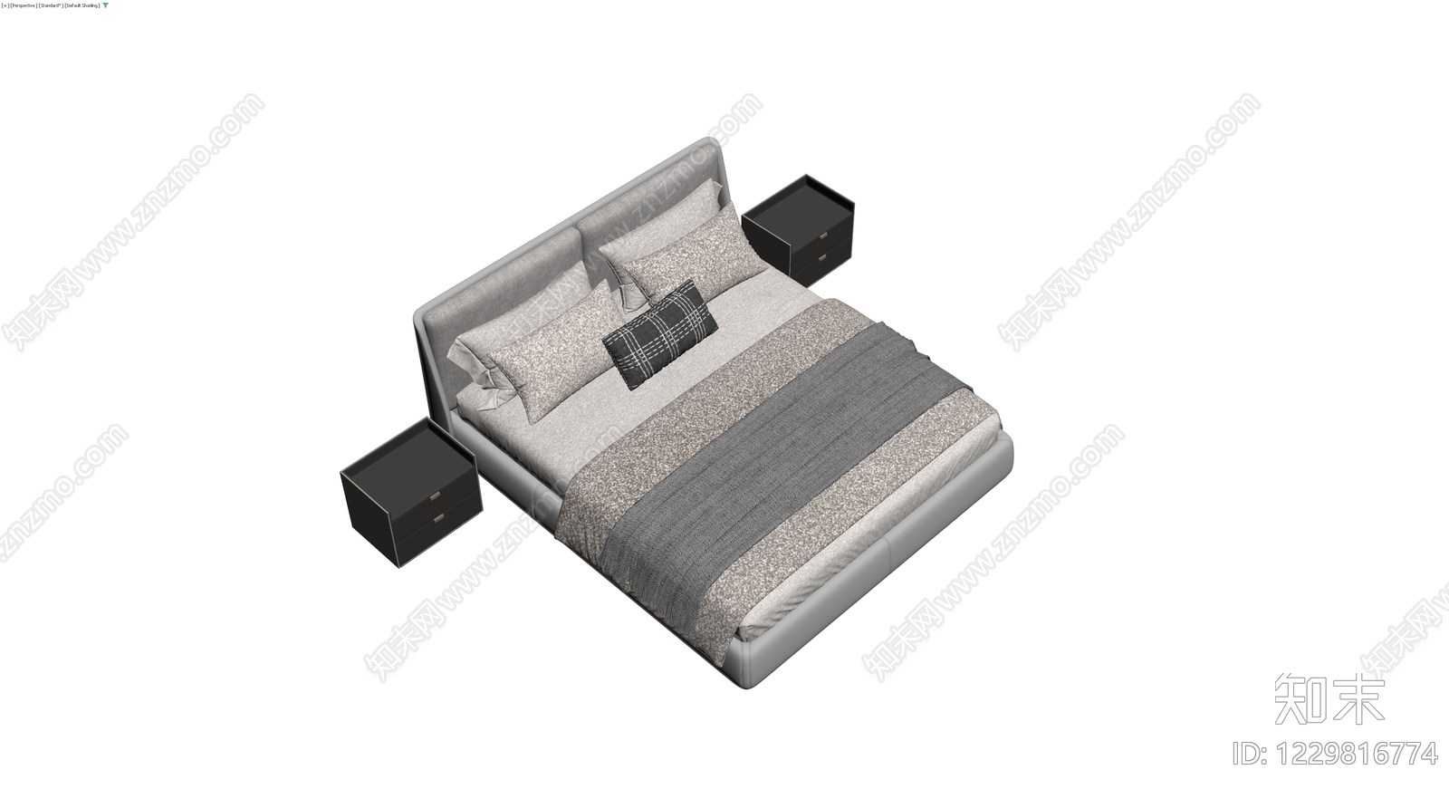 灰色布艺双人床及床头柜组合3D模型下载【ID:1229816774】