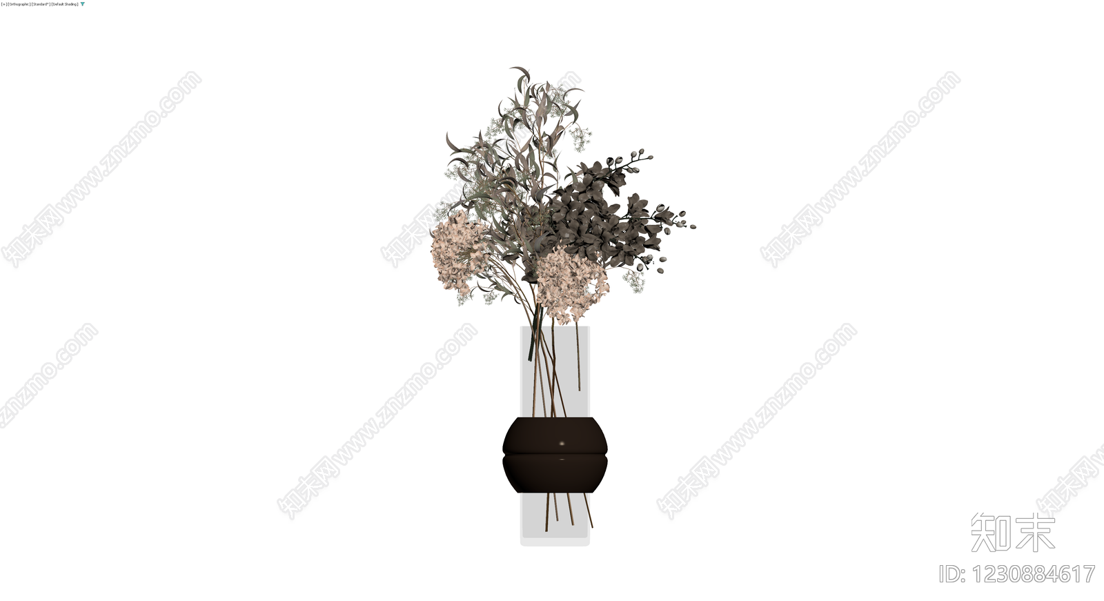深色圆盆干花盆栽3D模型下载【ID:1230884617】