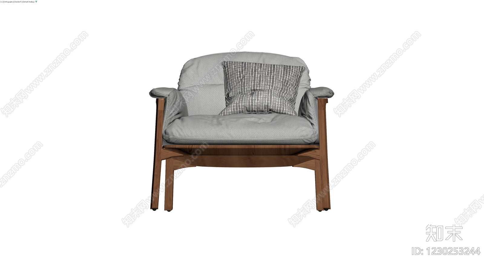 实木框架灰色布艺单人沙发3D模型下载【ID:1230253244】