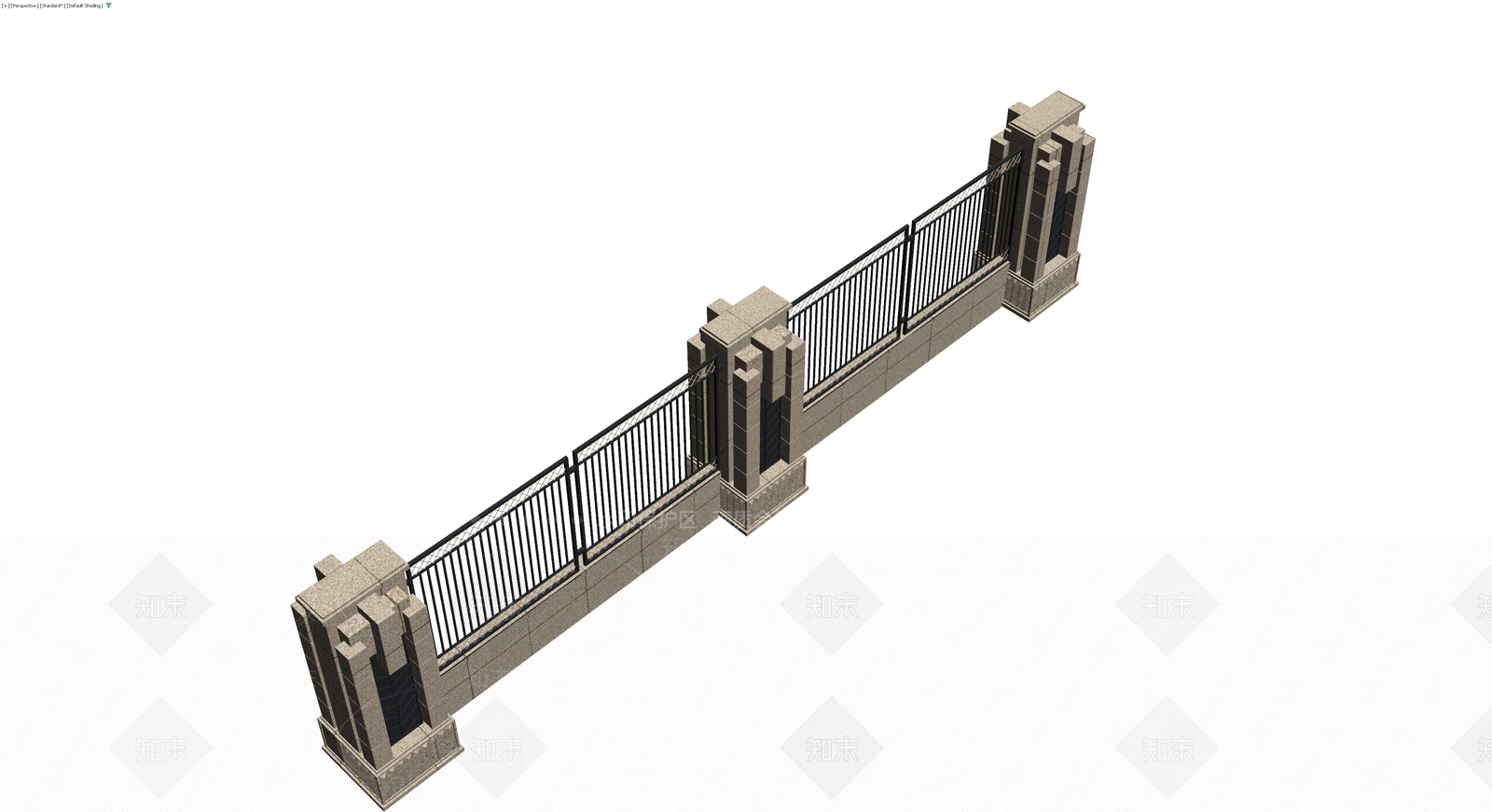 石砌柱铁艺围栏组件3D模型下载【ID:1230778580】