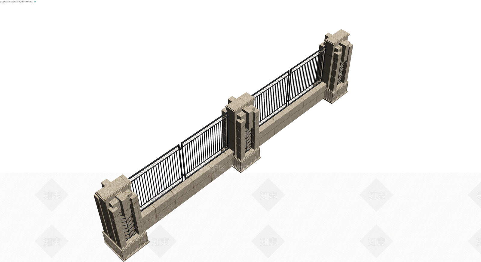石砌柱铁艺围栏组件3D模型下载【ID:1230778580】