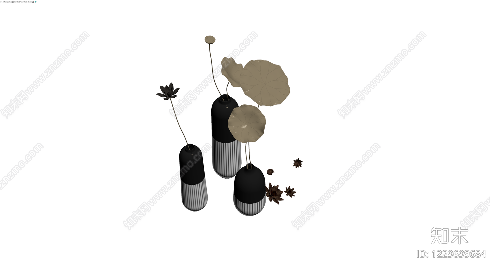 黑底条纹花瓶配干花组合3D模型下载【ID:1229699684】