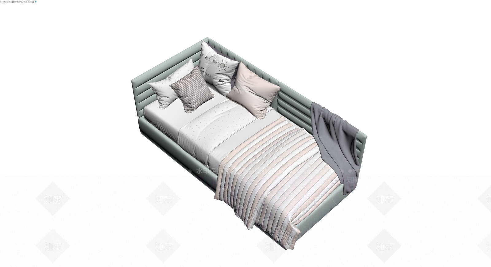 浅灰软包床及床品组合3D模型下载【ID:1230376269】