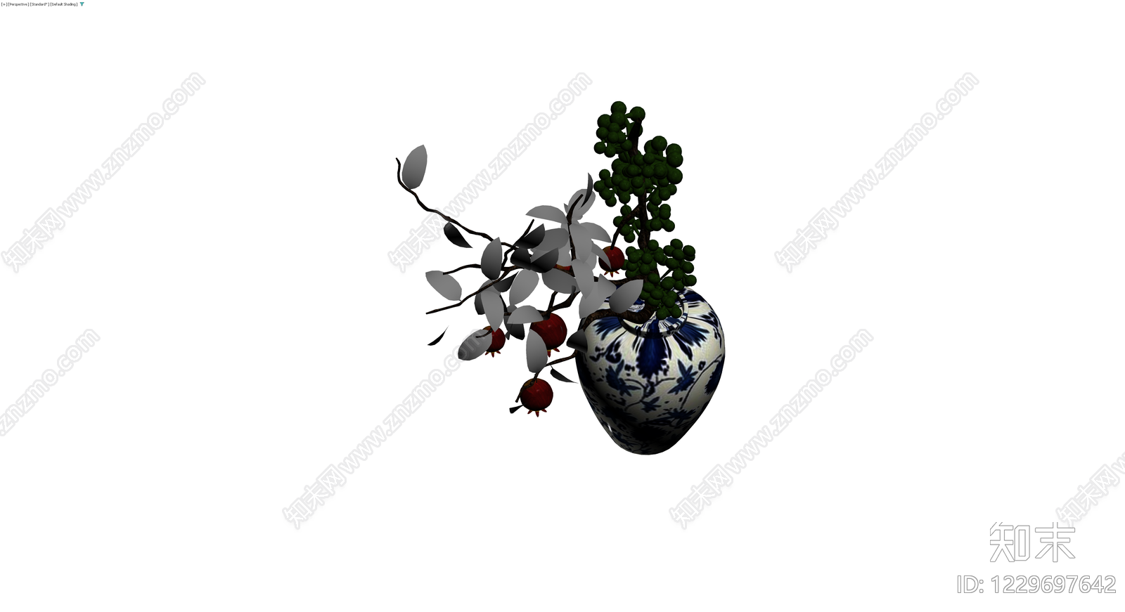 青花瓷花瓶插枝3D模型下载【ID:1229697642】