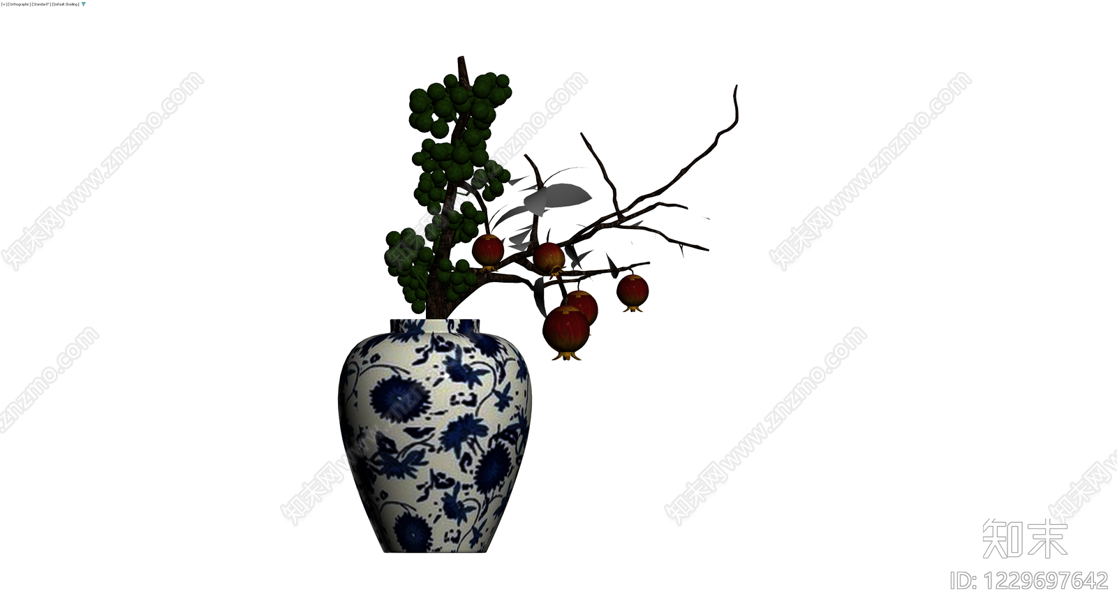 青花瓷花瓶插枝3D模型下载【ID:1229697642】