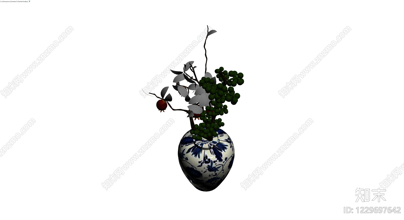 青花瓷花瓶插枝3D模型下载【ID:1229697642】