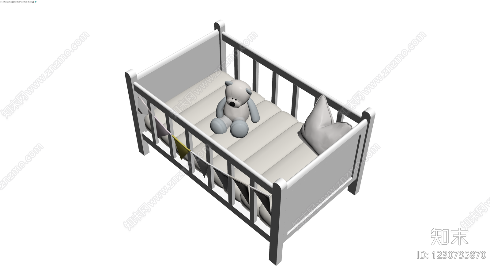 白色婴儿床模型（含玩偶抱枕）3D模型下载【ID:1230795870】