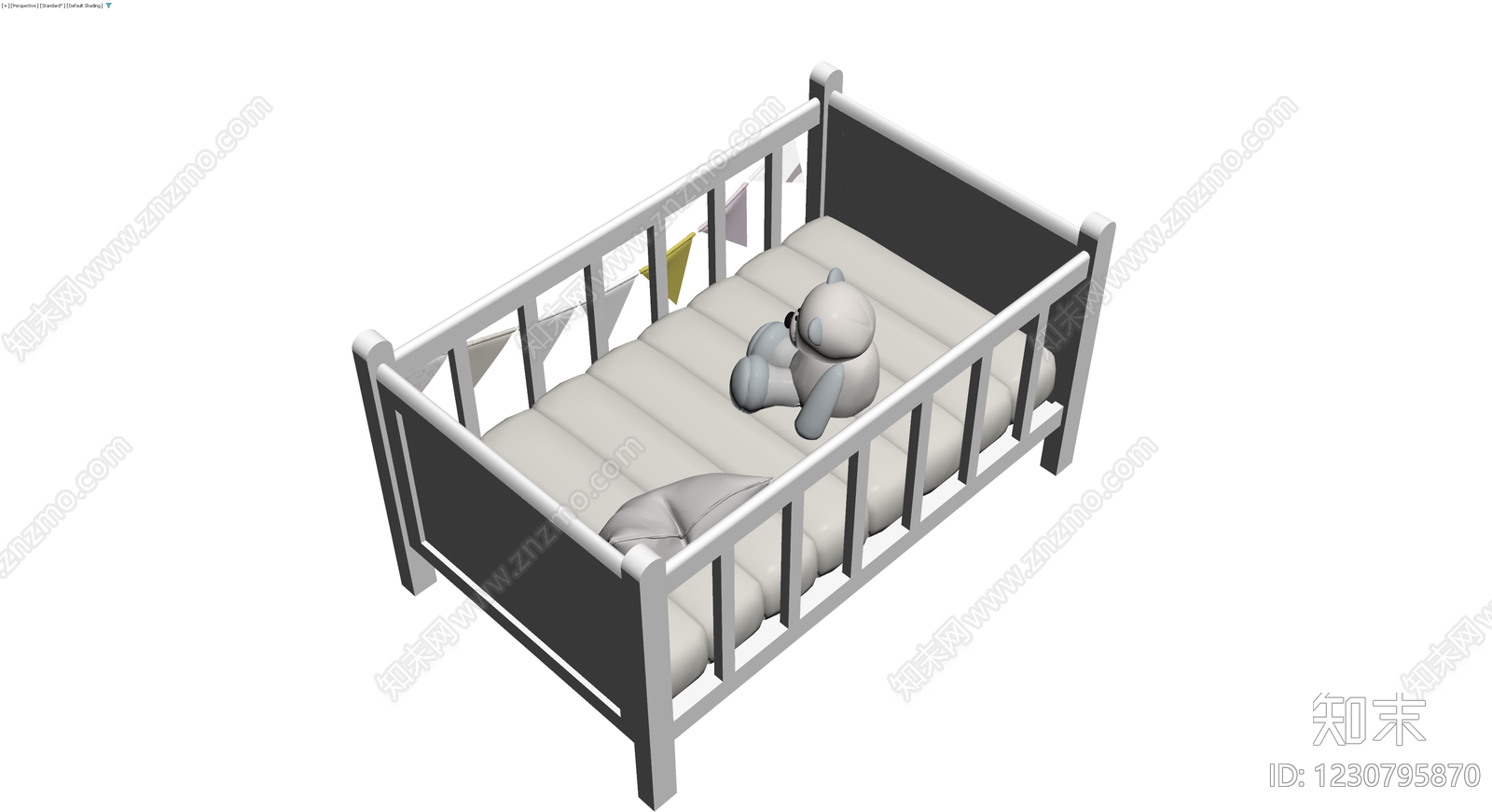 白色婴儿床模型（含玩偶抱枕）3D模型下载【ID:1230795870】
