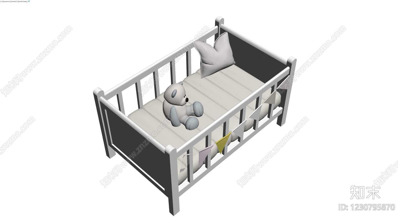 白色婴儿床模型（含玩偶抱枕）3D模型下载【ID:1230795870】