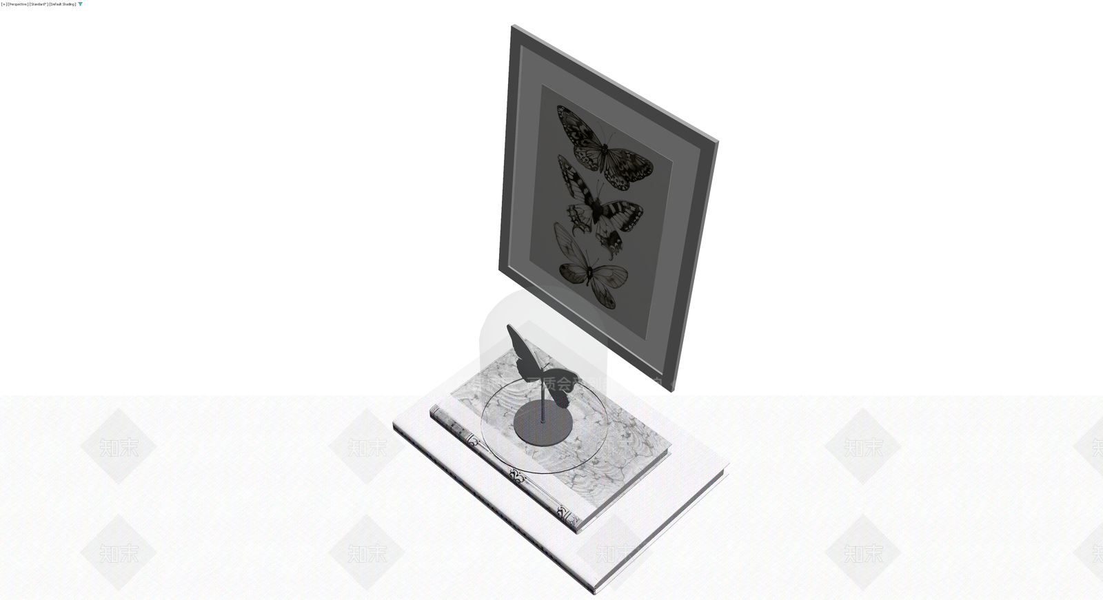 蝴蝶标本装饰画与书堆组合3D模型下载【ID:1230334101】