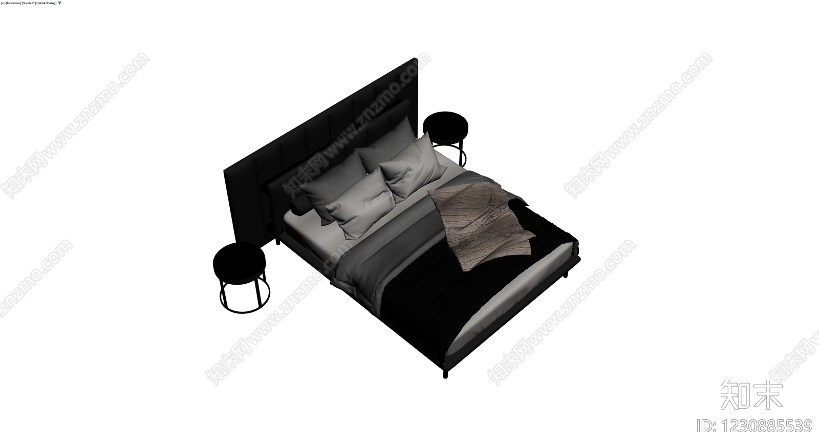 黑色软包双人床组合3D模型下载【ID:1230885539】