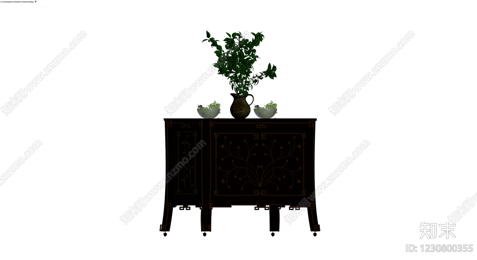 中式雕花边柜配盆栽组合3D模型下载【ID:1230800355】