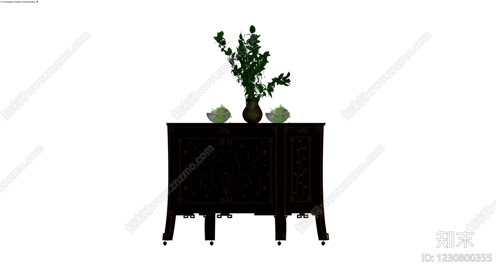 中式雕花边柜配盆栽组合3D模型下载【ID:1230800355】