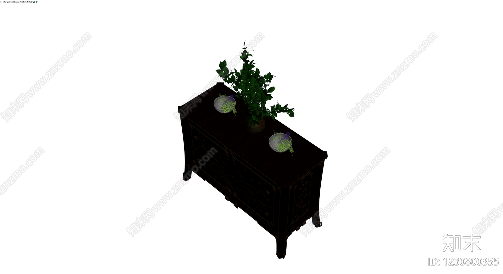 中式雕花边柜配盆栽组合3D模型下载【ID:1230800355】