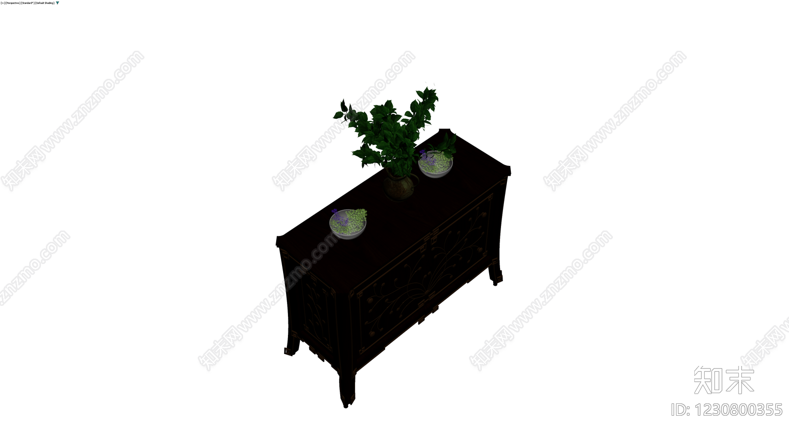 中式雕花边柜配盆栽组合3D模型下载【ID:1230800355】