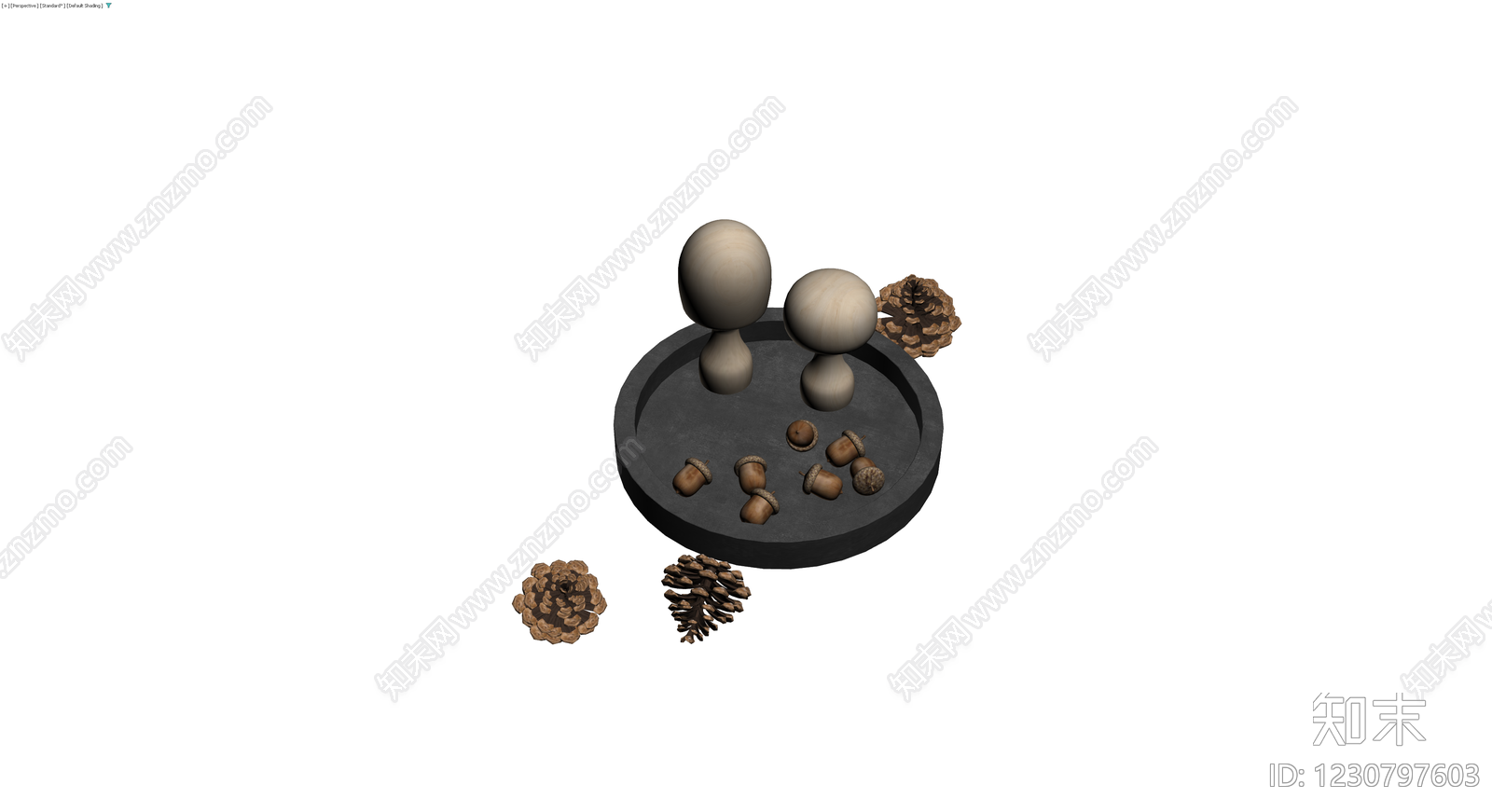 木质蘑菇与松果装饰组合3D模型下载【ID:1230797603】