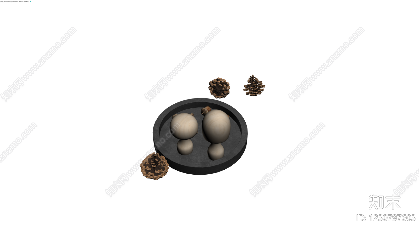 木质蘑菇与松果装饰组合3D模型下载【ID:1230797603】