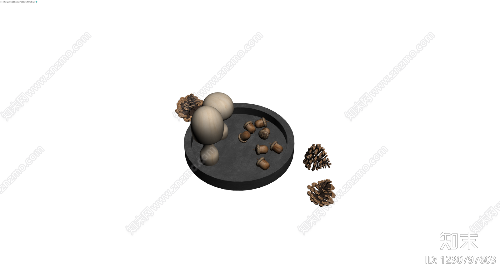木质蘑菇与松果装饰组合3D模型下载【ID:1230797603】