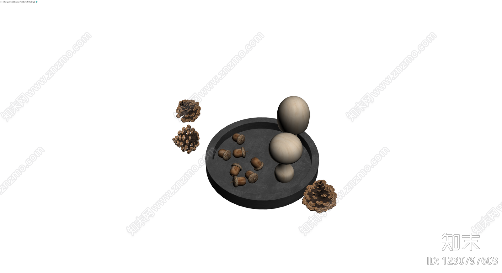 木质蘑菇与松果装饰组合3D模型下载【ID:1230797603】