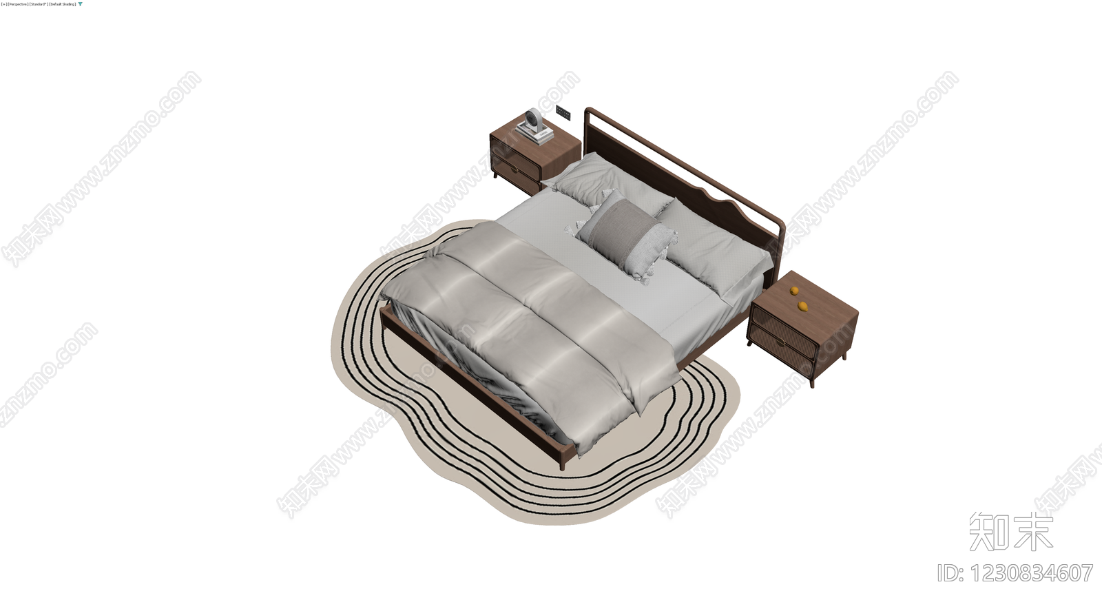 现代实木床及床头柜组合3D模型下载【ID:1230834607】