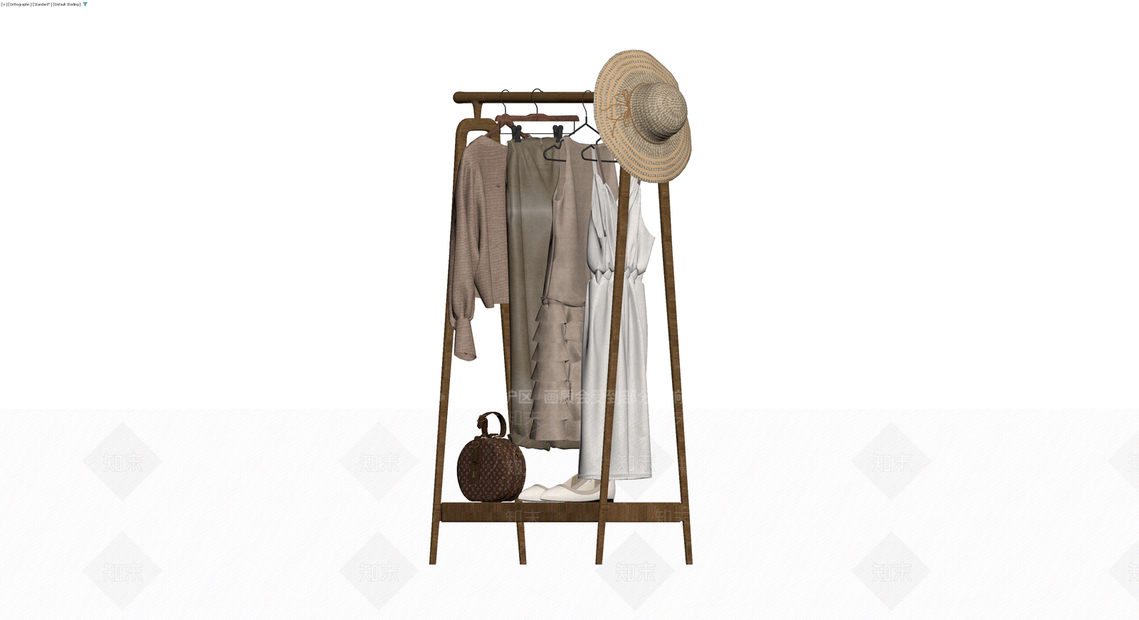 木质衣架与服饰组合3D模型下载【ID:1230738818】