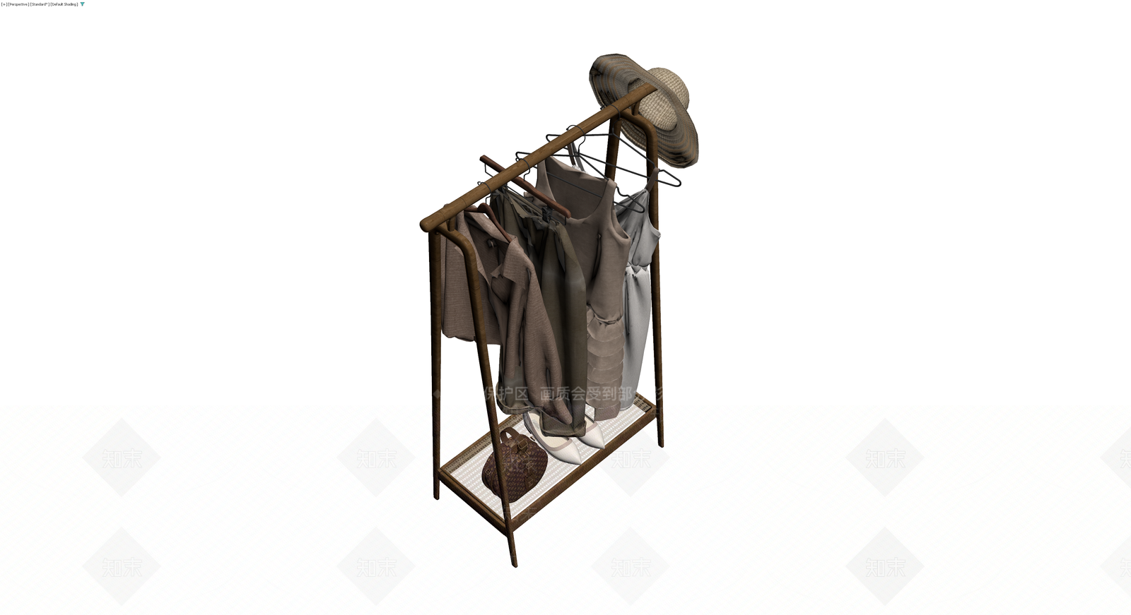 木质衣架与服饰组合3D模型下载【ID:1230738818】
