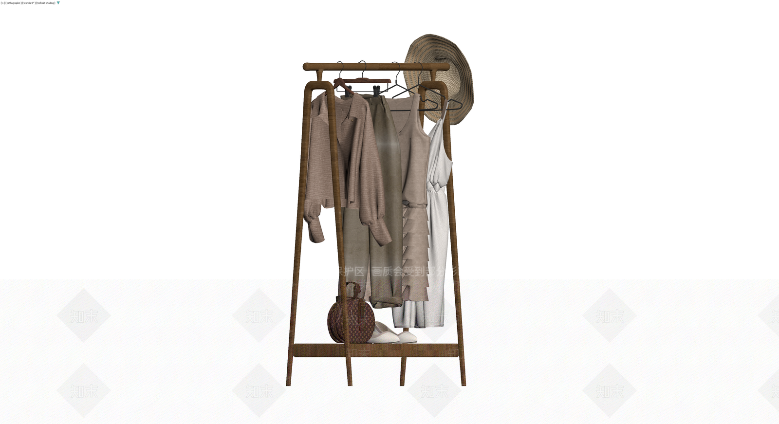 木质衣架与服饰组合3D模型下载【ID:1230738818】