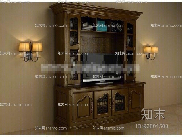 传统美式棕色木艺电视柜3D模型下载【ID:92801500】