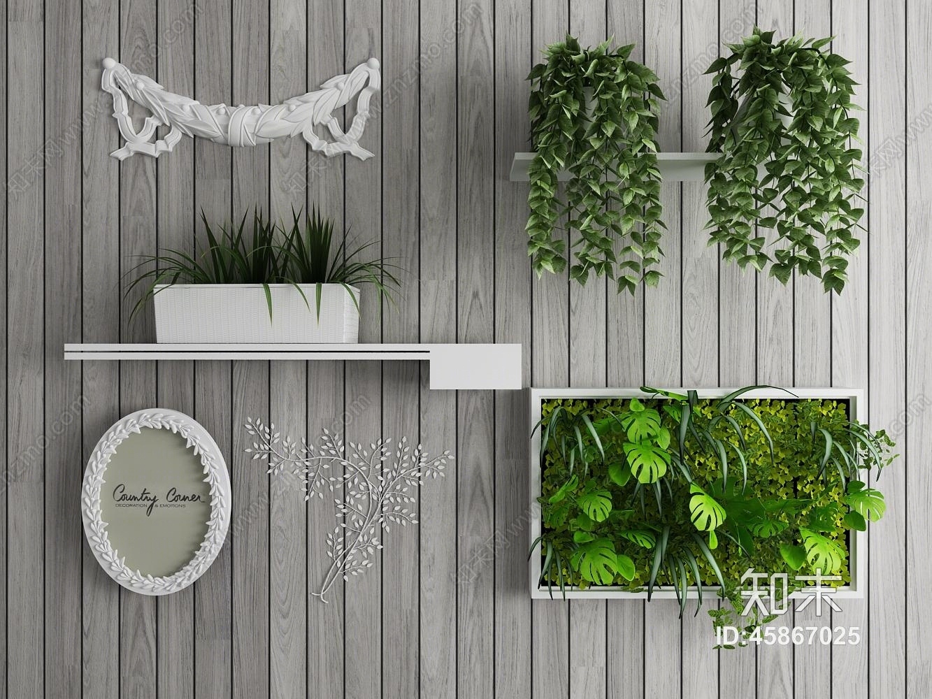 装饰植物墙饰组合3D模型下载【ID:45867025】