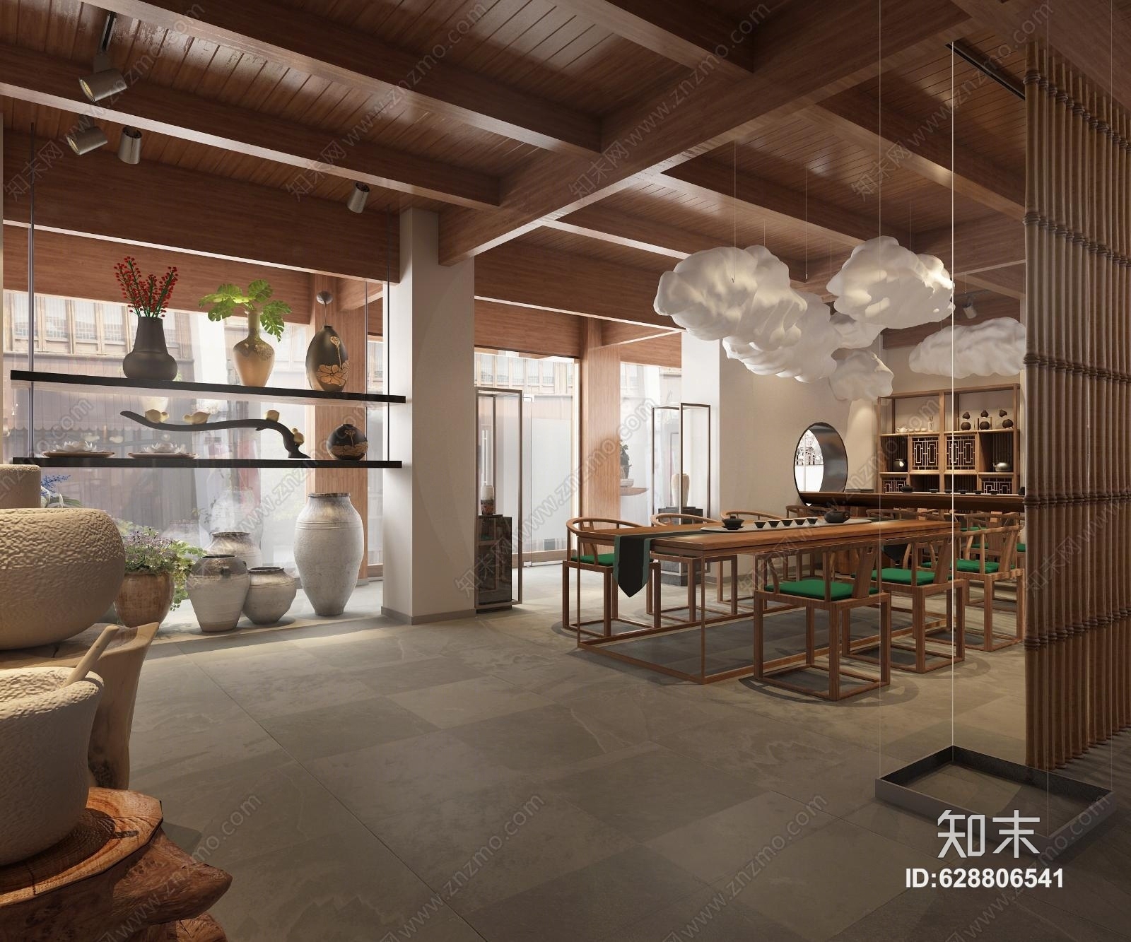 新中式古建茶室陶罐展示3D模型下载【ID:628806541】