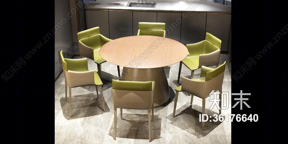 现代圆形实木餐桌椅3D模型下载【ID:36176640】
