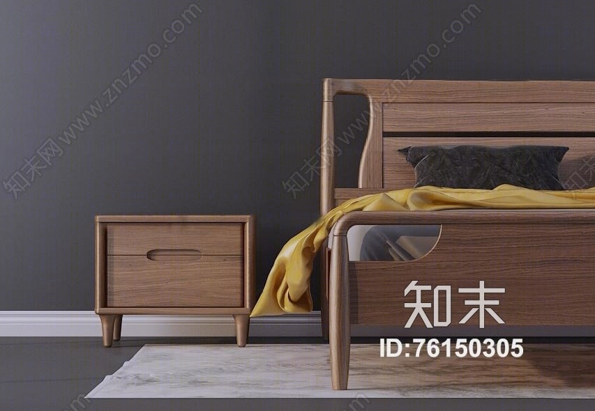 新中式实木双人床床头柜组合3D模型下载【ID:76150305】