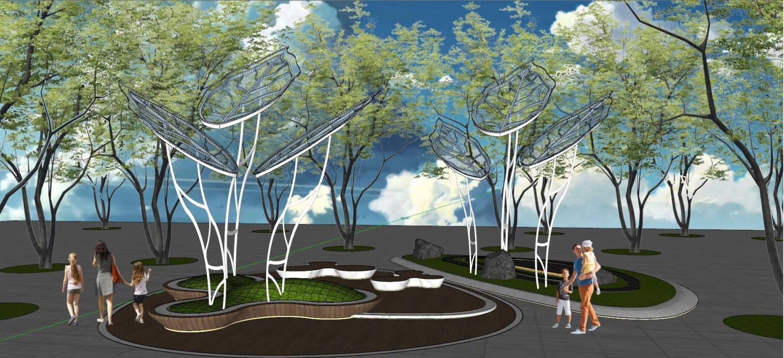 现代异形景观亭子抽象树叶子母廊架构筑SU模型下载【ID:1110524315】