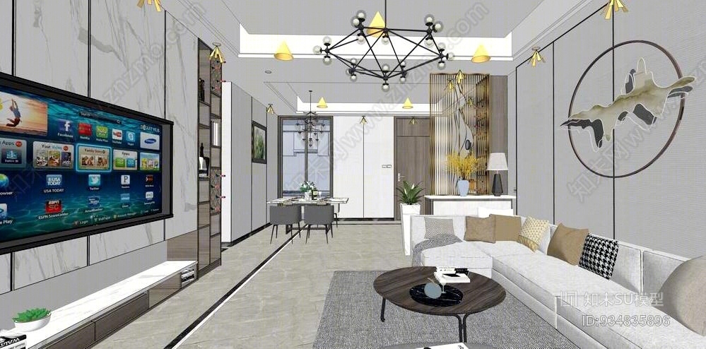 现代风格客厅餐厅室内设计SU模型下载【ID:934835896】