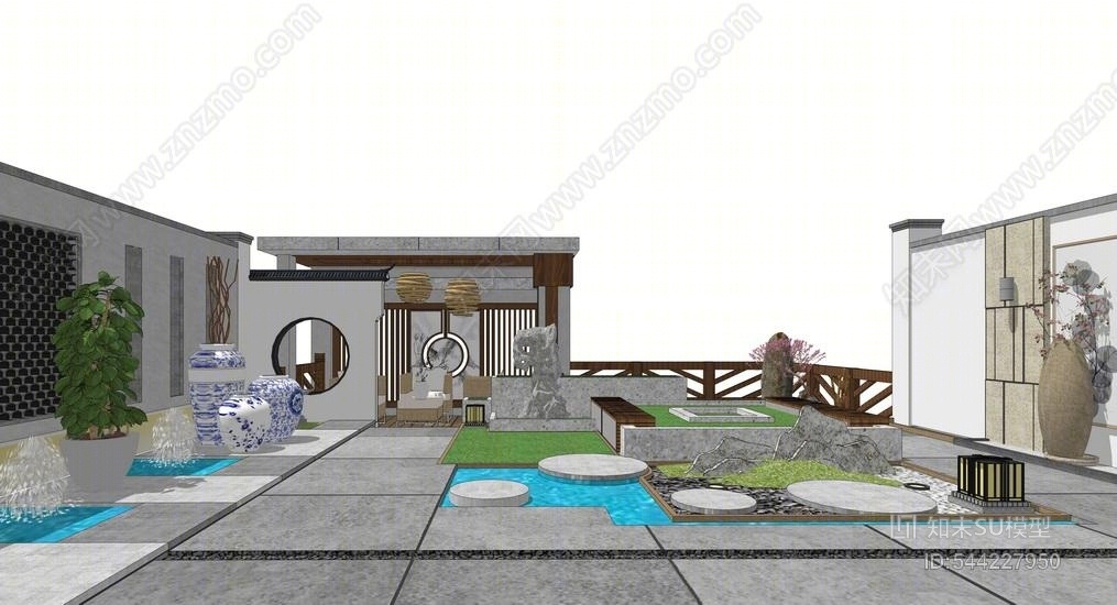 中式庭院景观SU模型下载【ID:544227950】
