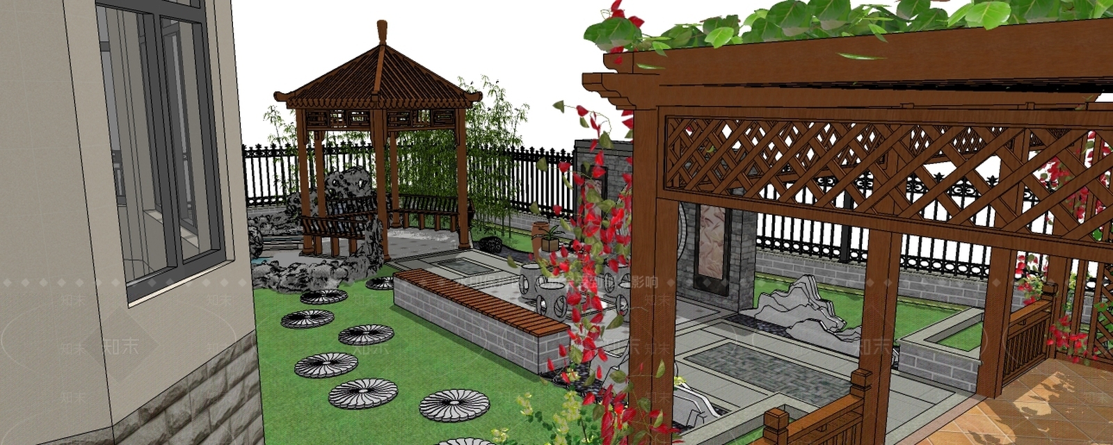 庭院景观阳台小公园天台个人公园带中式篱笆亭子水景室外SU模型下载【ID:532841741】