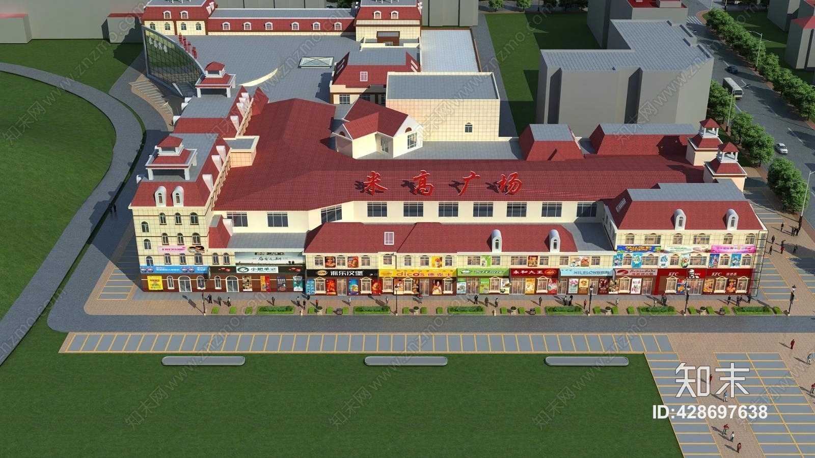 新古典美食广场音乐广场欧式建筑欧式建筑瑞士风格洋房鸟瞰行车道汽车人物门市3D模型下载【ID:428697638】