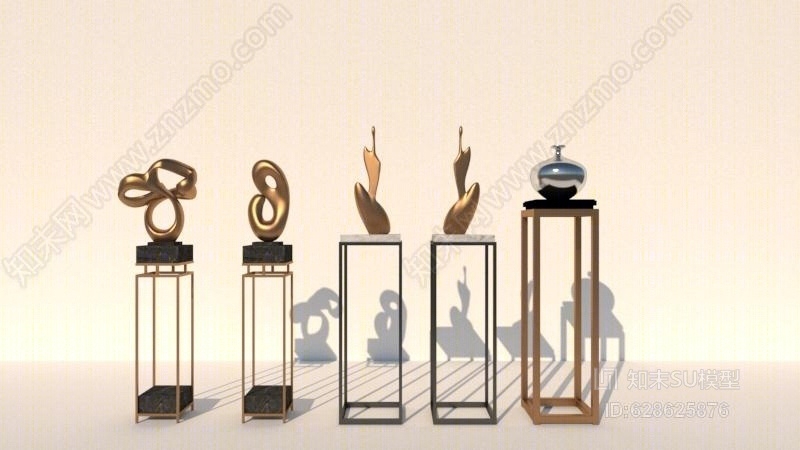 现代带底座雕塑组合家居物品SU模型下载【ID:628625876】