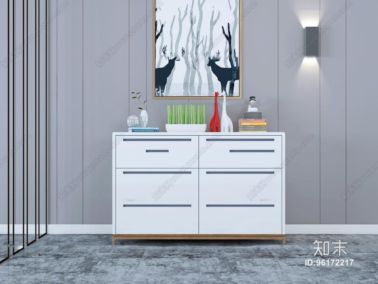 现代实木边柜斗柜装饰画摆件组合3D模型下载【ID:96172217】