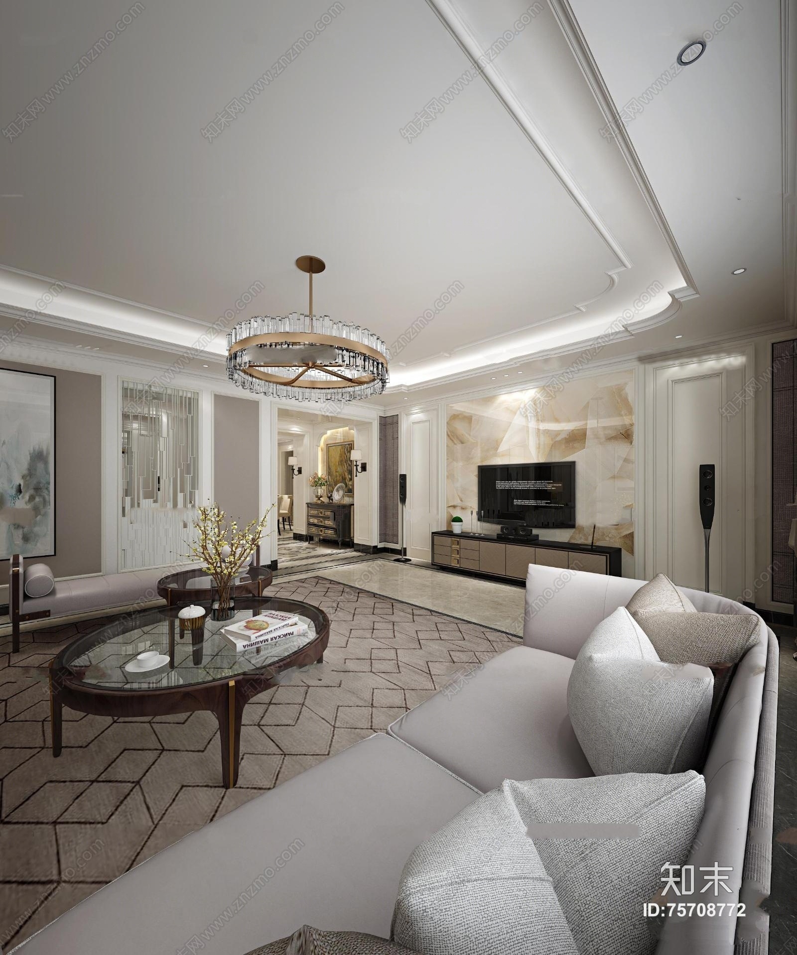 简欧客厅餐厅3D模型下载【ID:75708772】