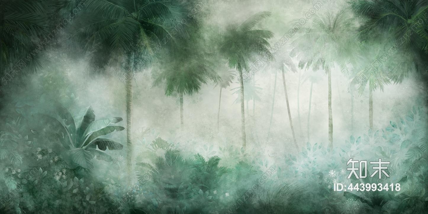 现代简约清新梦幻森林植物装饰壁纸壁画贴图下载【ID:443993418】