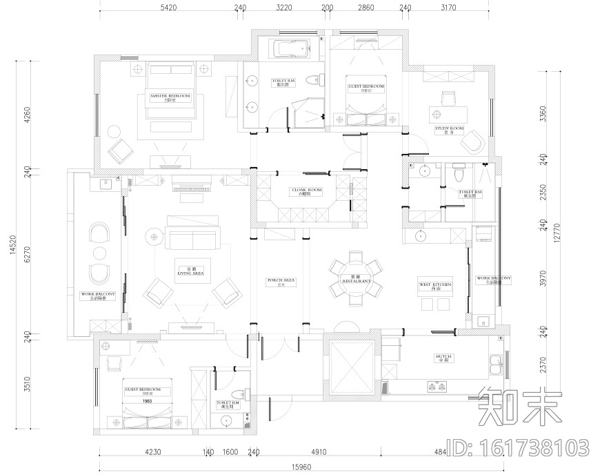 [江苏]常州国宾一号245㎡简约美式住宅设计施工图及效果...施工图下载【ID:161738103】