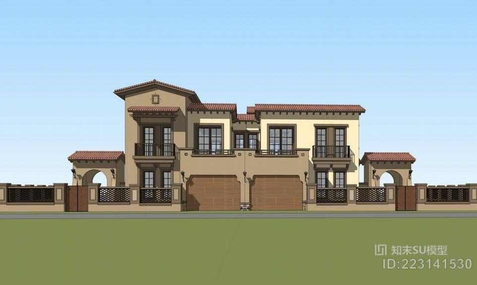 西班牙风格双拼别墅SU模型下载【ID:223141530】