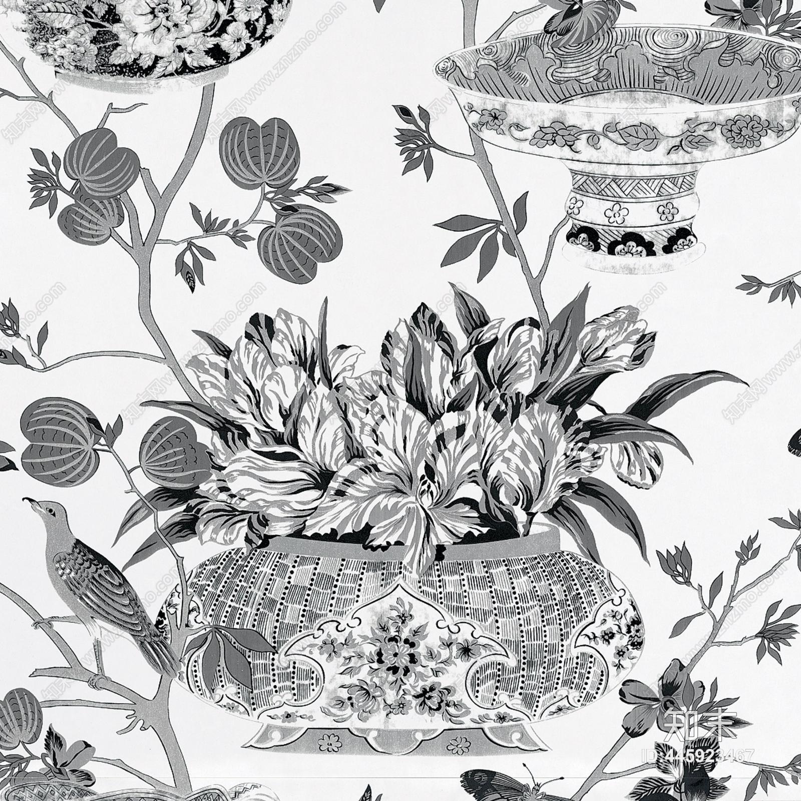 中式花瓶植物工笔风格装饰壁纸壁画贴图下载【ID:445923467】