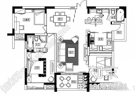 [香港]现代三居室样板房装修图cad施工图下载【ID:180829181】