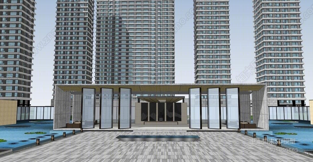 中式示范区景观SU模型下载【ID:535050563】