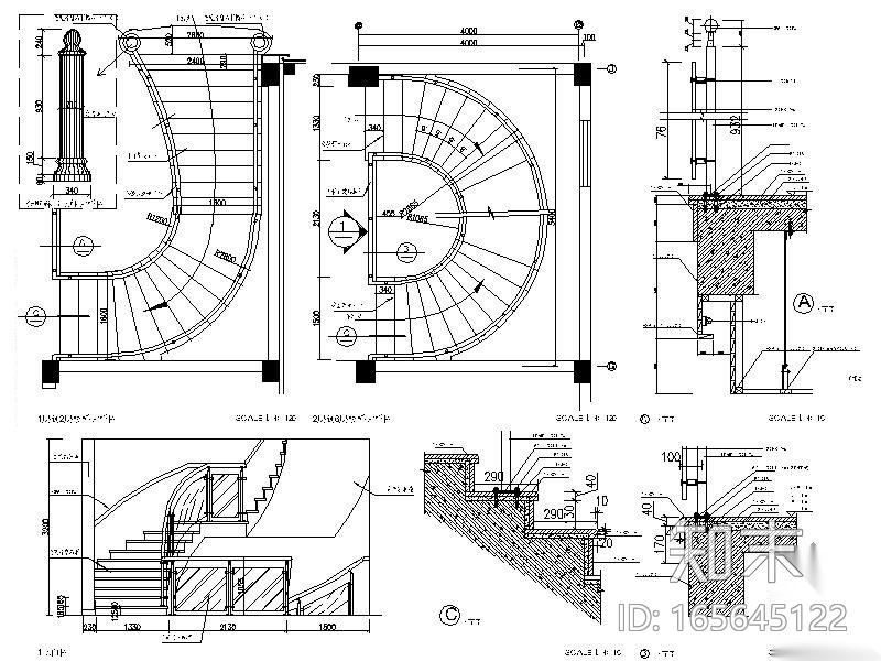 酒店旋转楼梯详图cad施工图下载【ID:165645122】