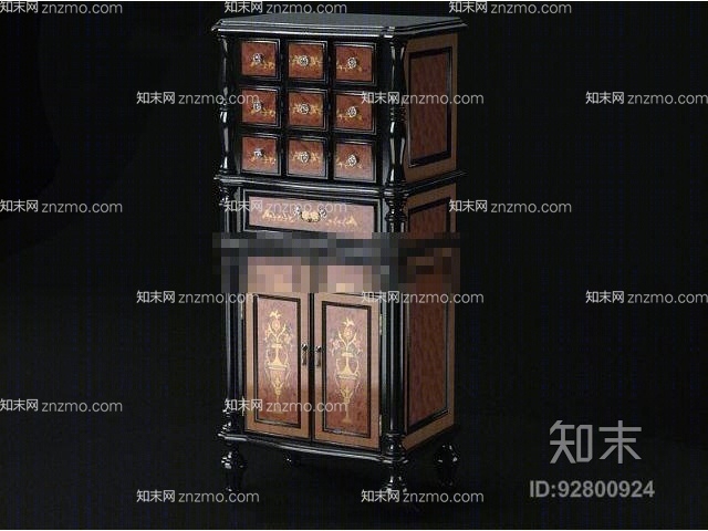 新中式长方形木艺装饰柜3D模型下载【ID:92800924】